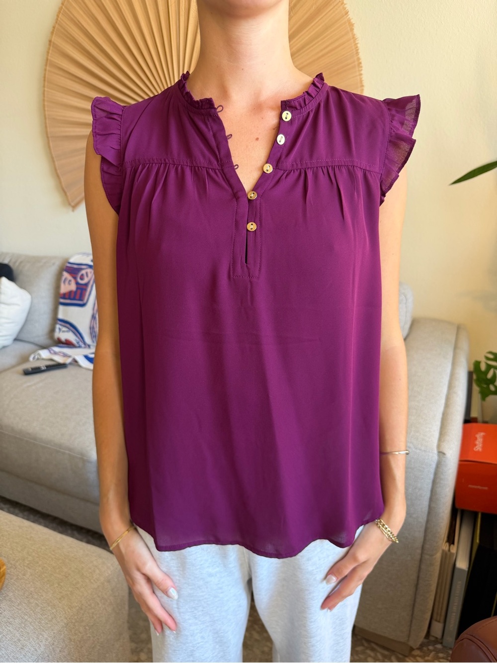 LOFT Plum Ruffle Cap Sleeve Shell Top
